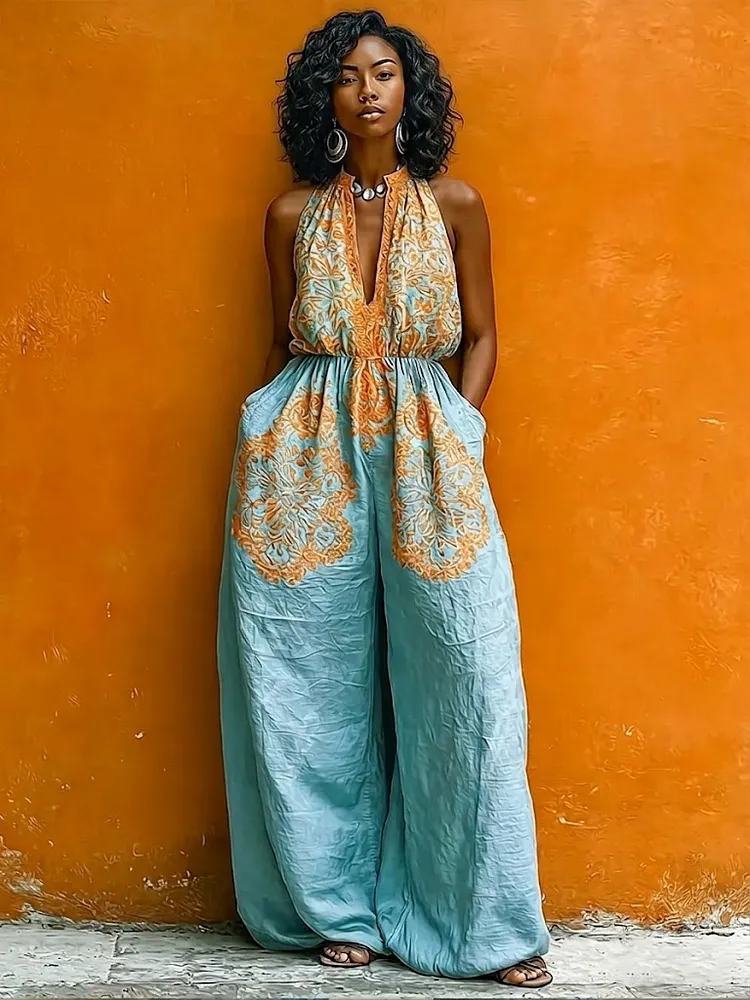 Bohemian Vintage Floral Print Linen And Cotton Jumpsuit