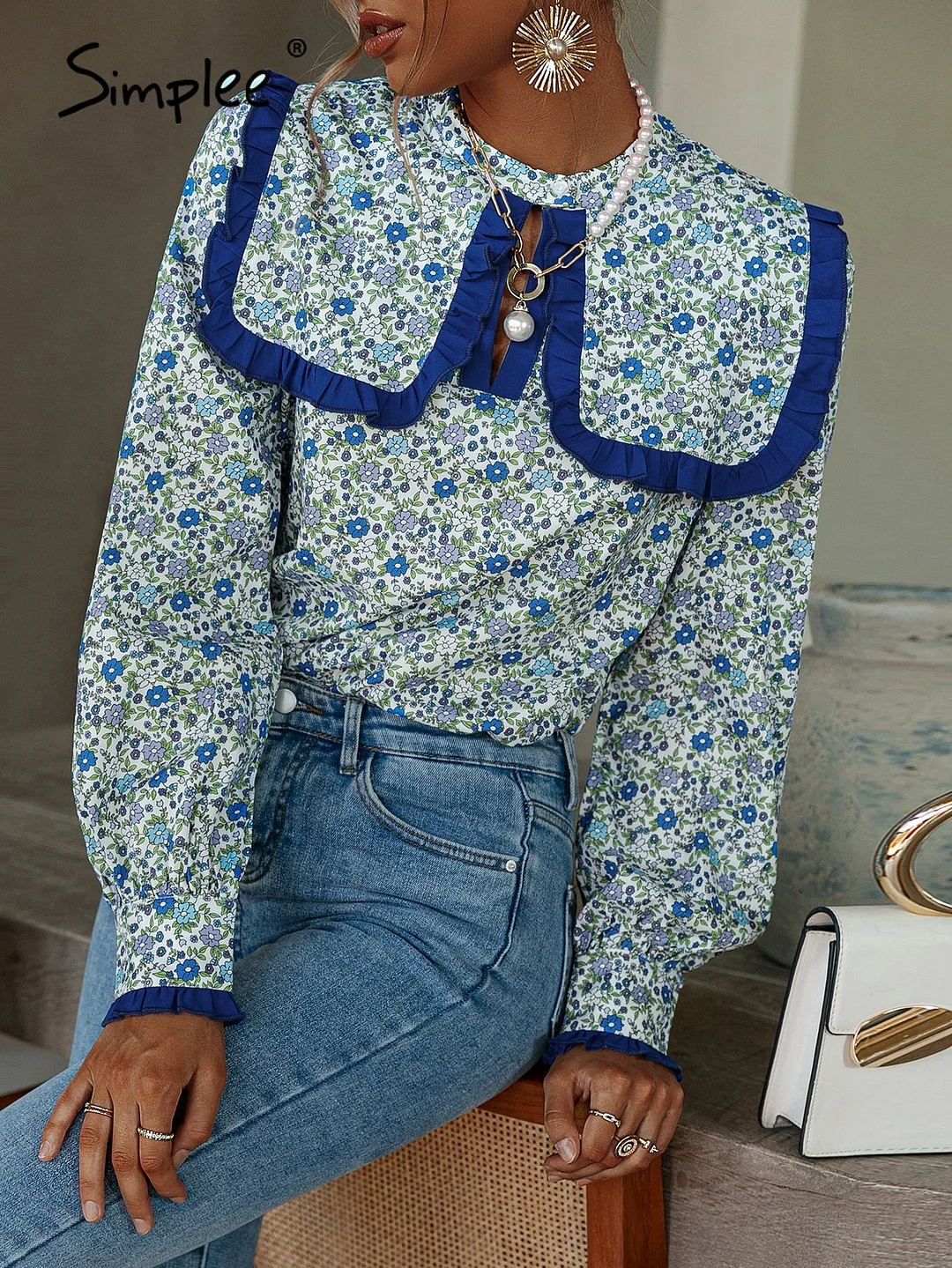 Simplee Boho floral peter pan collar blouse for girls Holiday cut out blouse shirt women  Spring autumn female short blouse tops