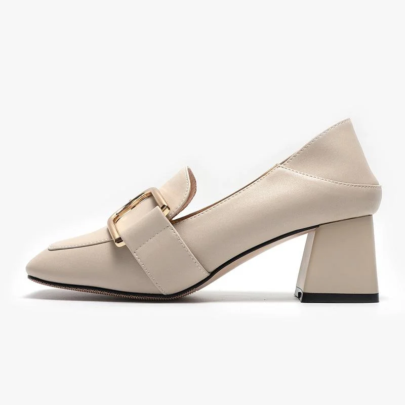 Metal buckle casual high-heel loafers thick heel square toe two-wear women's shoes