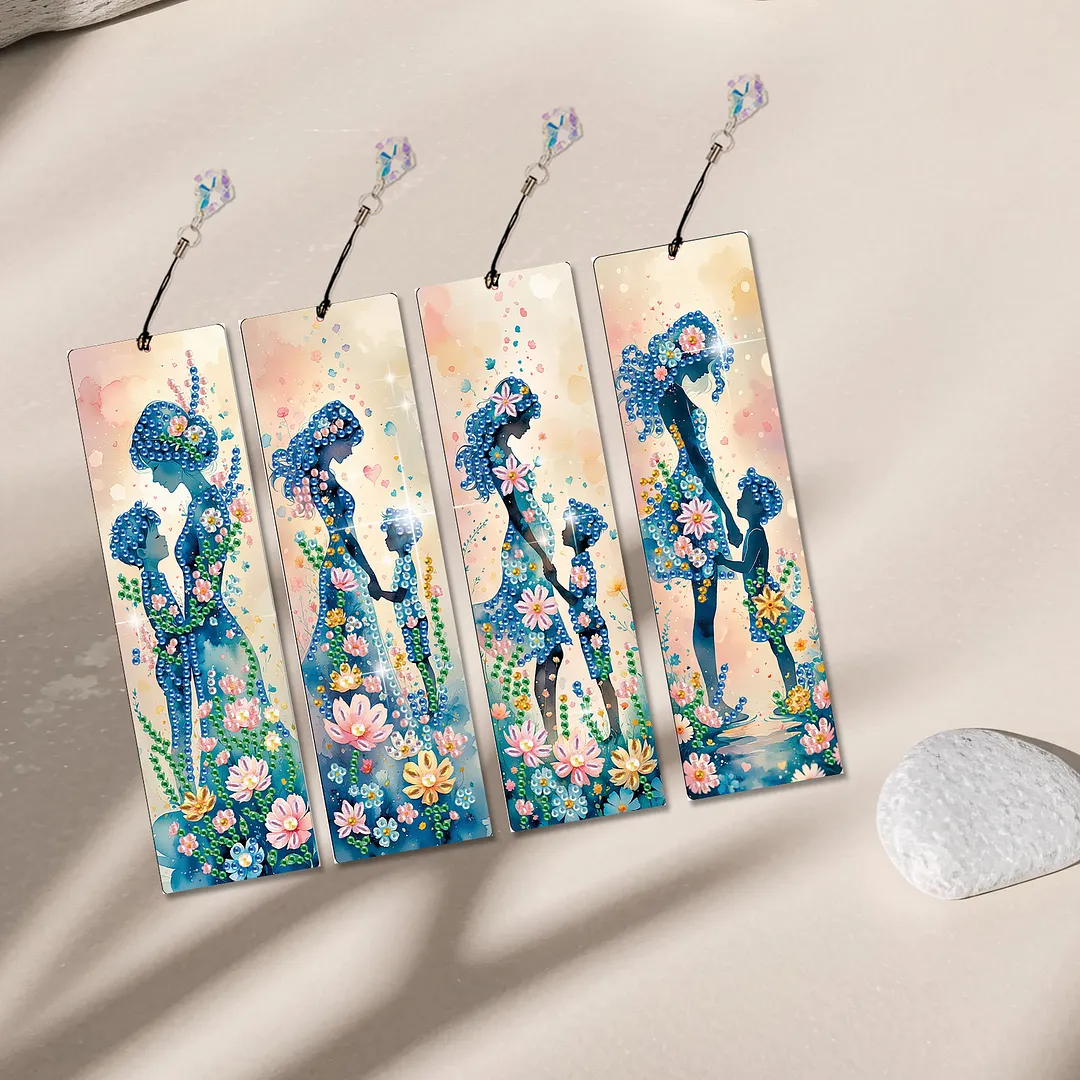 4Pcs Flowers and Parents DIY Diamond Bookmark Art Projects Irregular Shaped Diamonds Diamond Painting Art Bookmarks with Crystal Pendants for DIY Making Beginners Adult Art Craft Supplies