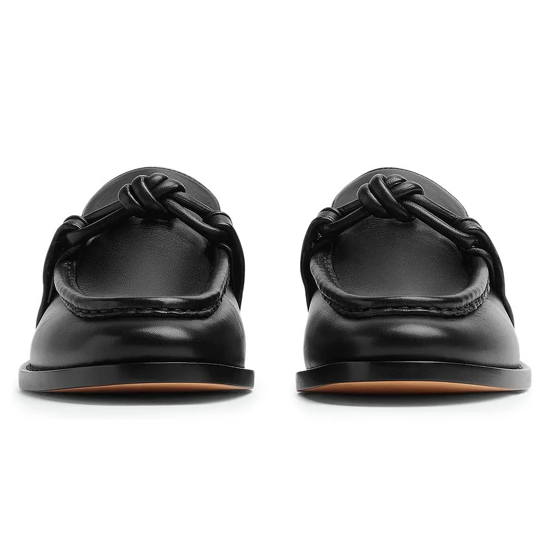 Black Vegan Leather Round Toe Flat Womens Loafers with Knot