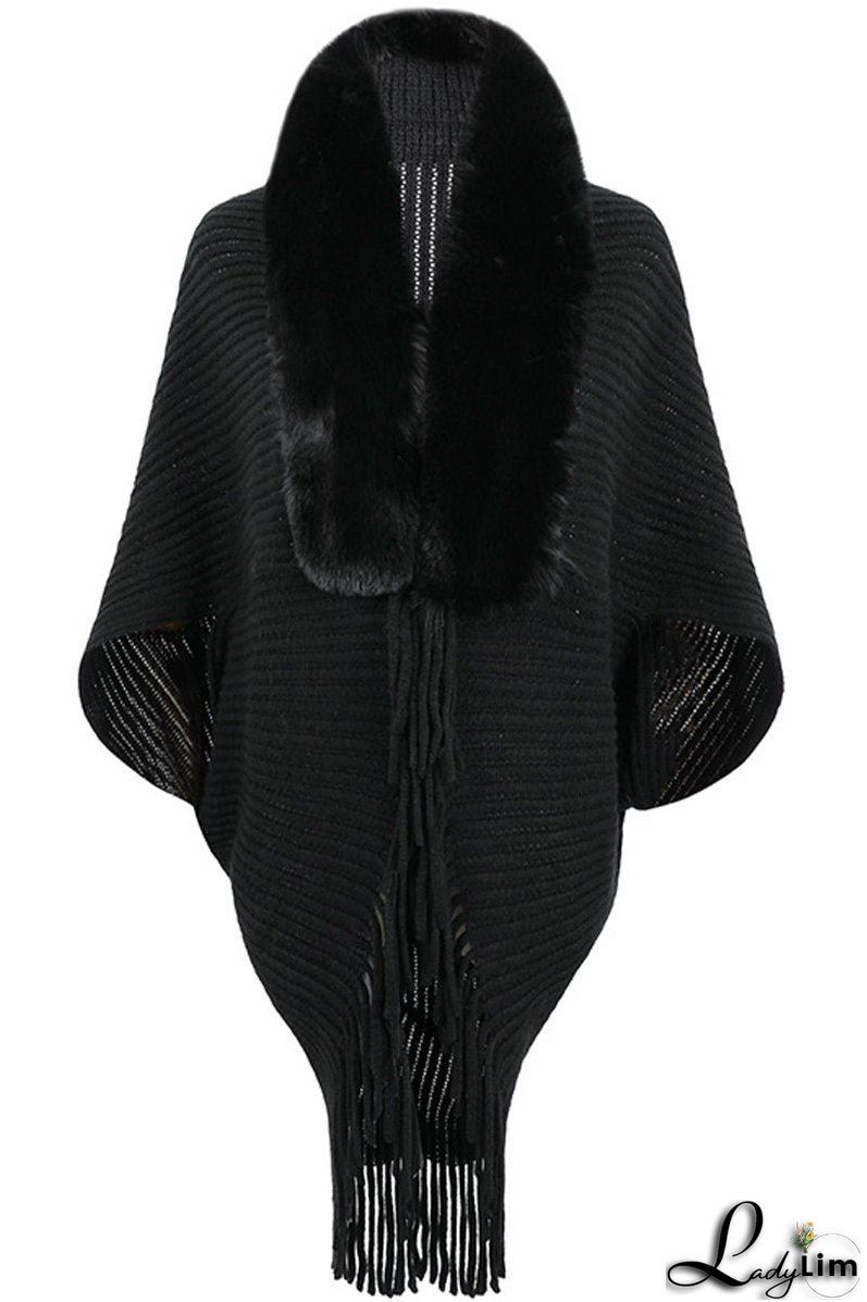 Fur Collar Fringed Knit Shawl Sweater