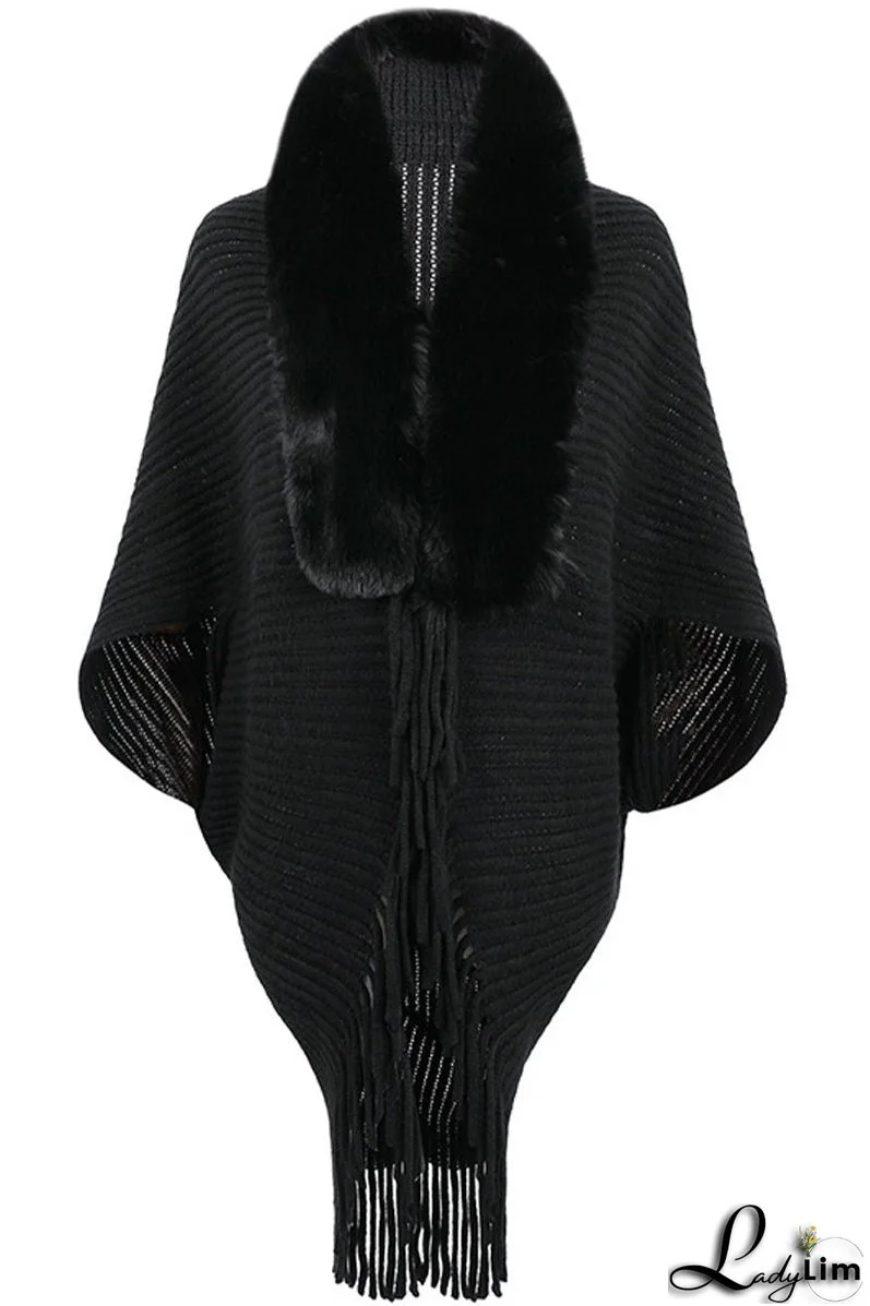 Fur Collar Fringed Knit Shawl Sweater