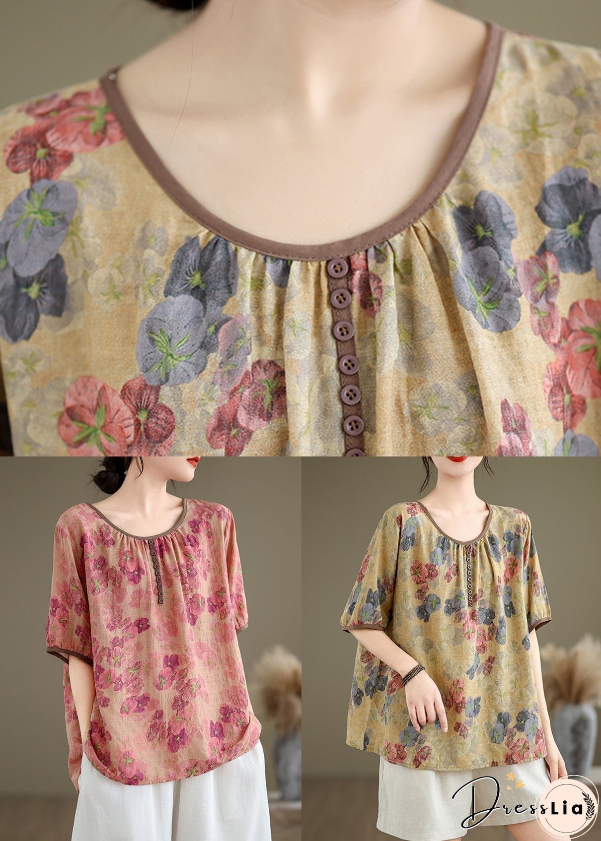 Yellow Print Loose Linen T Shirts O Neck Short Sleeve