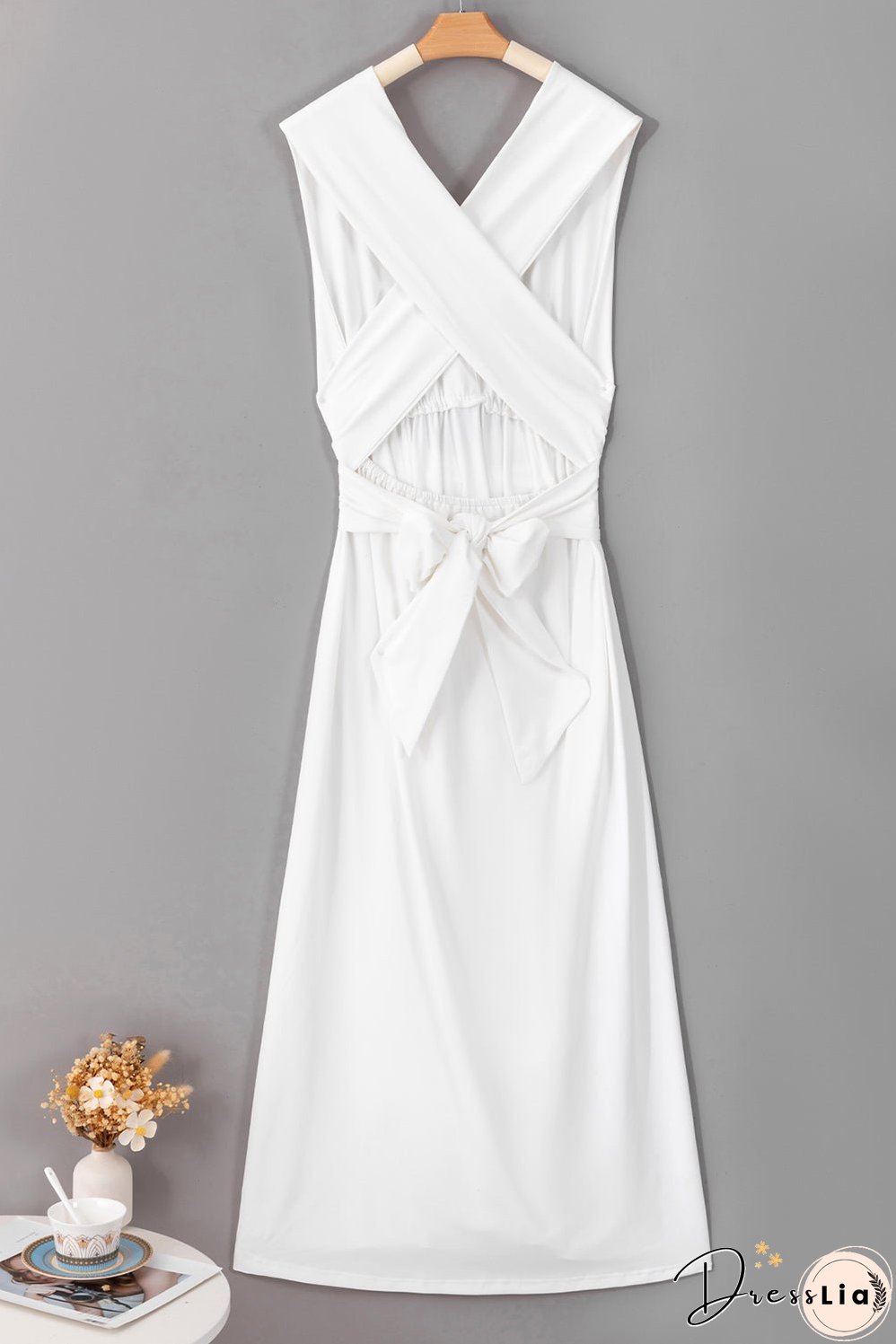 Elegant Solid Deep V Neck Split Dress