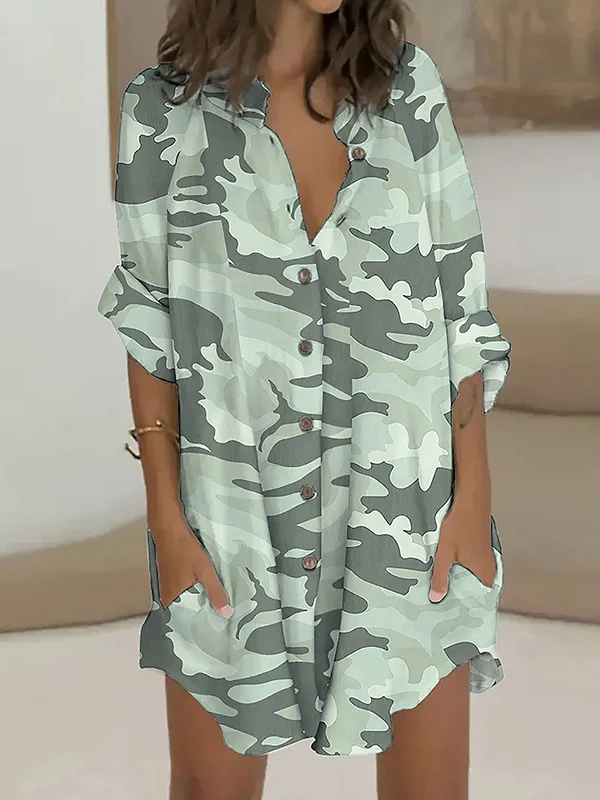 Camouflage Buttoned Loose Long Sleeves Lapel Shirt Dress Mini Dresses