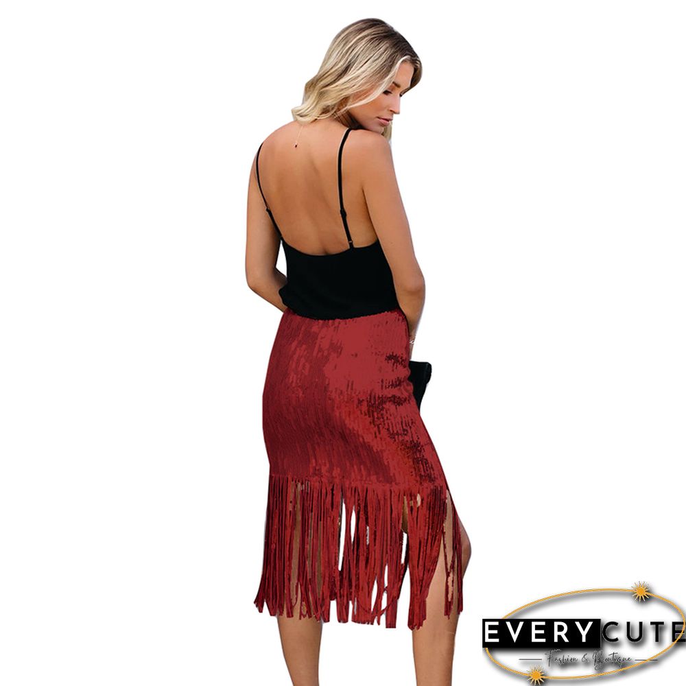 Red High Waist Tassel Skirt