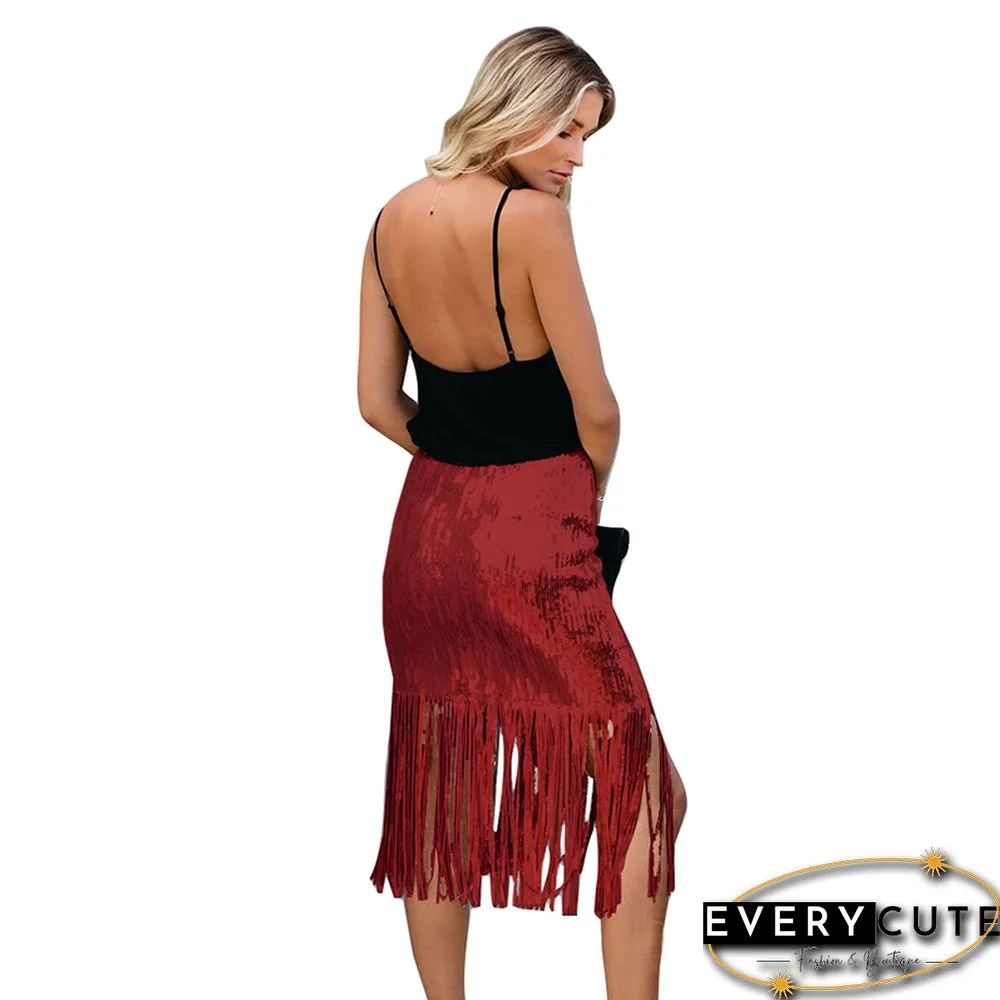 Red High Waist Tassel Skirt