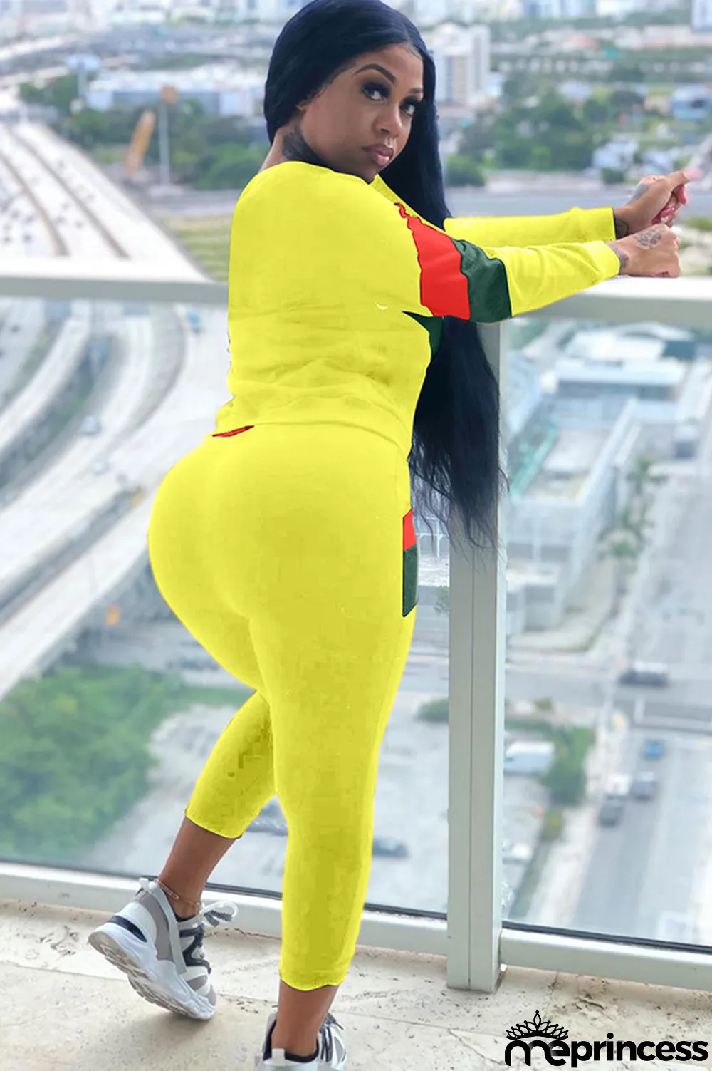 Blue Polyester Casual Two Piece Suits Patchwork Striped Straight Long Sleeve Two-piece Pants Set