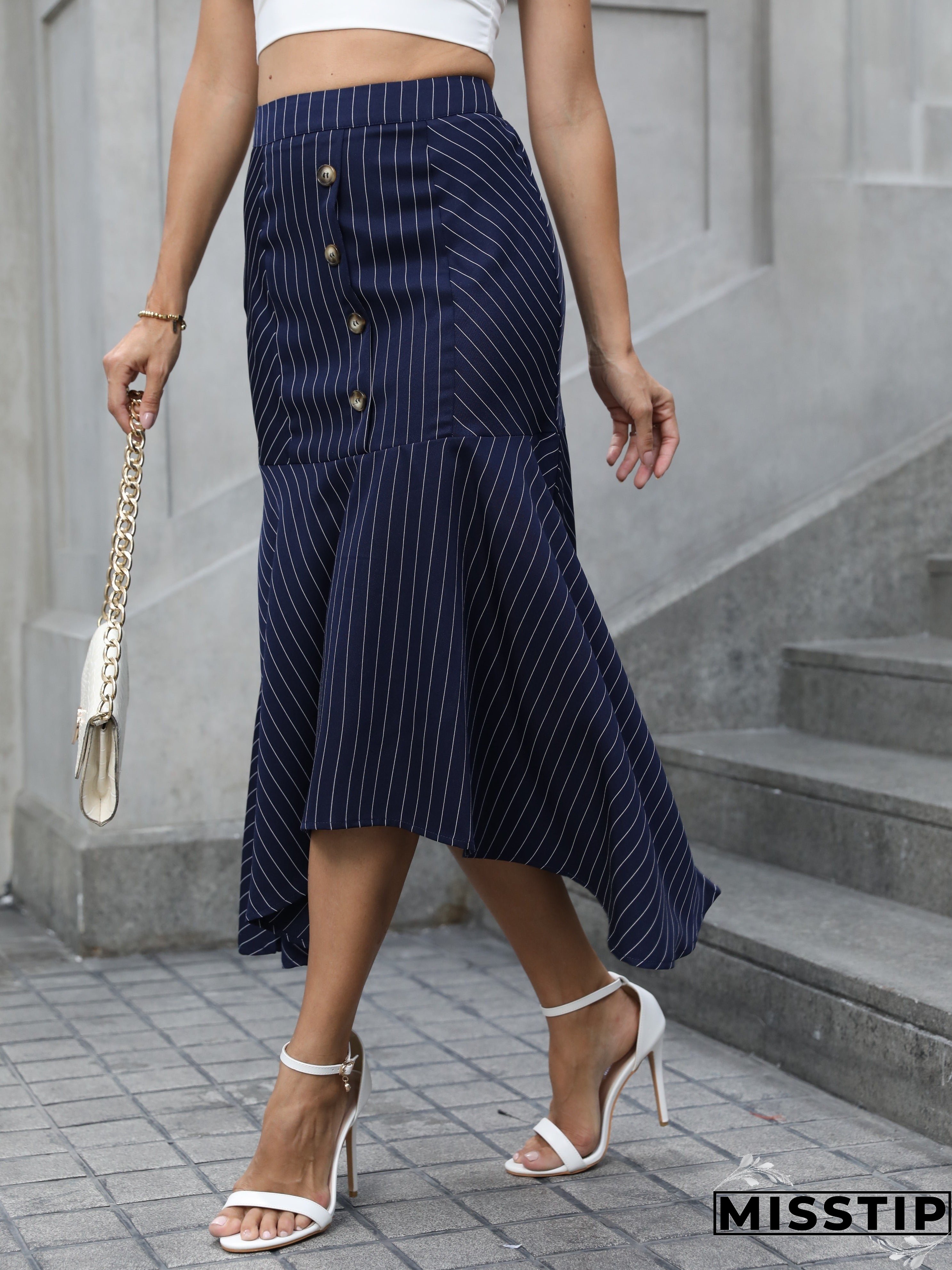 Striped Button Front Bodycon Skirt, Casual High Waist Ruffle Midi Skirt, Women's Clothing