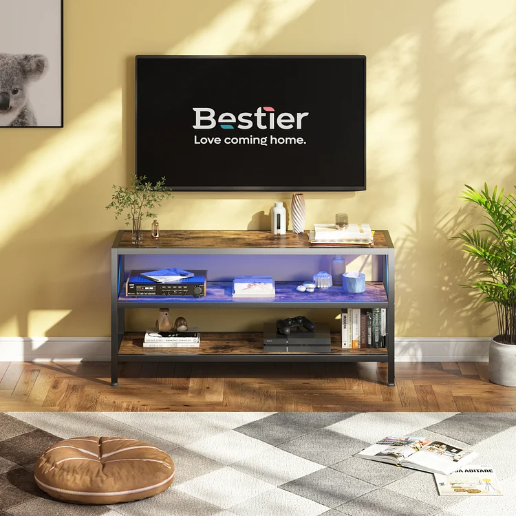 Bestier Modern TV Stand for TVs up to 50" with Led Lights Entertainment Center with 3-Tier Open Shelf TV Console Grey