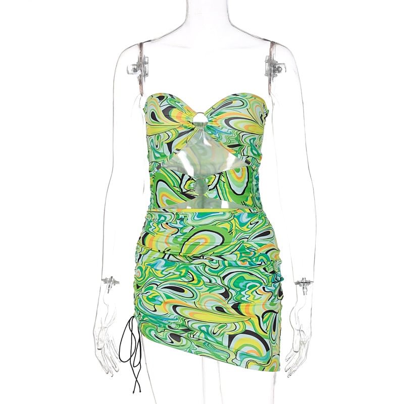 Hugcitar 2021 Print Sleeveless Bodycon Strapless Hollow Out Sexy Mini Dress Summer Women Fashion Streetwear Outfits Y2K Kpytomoa