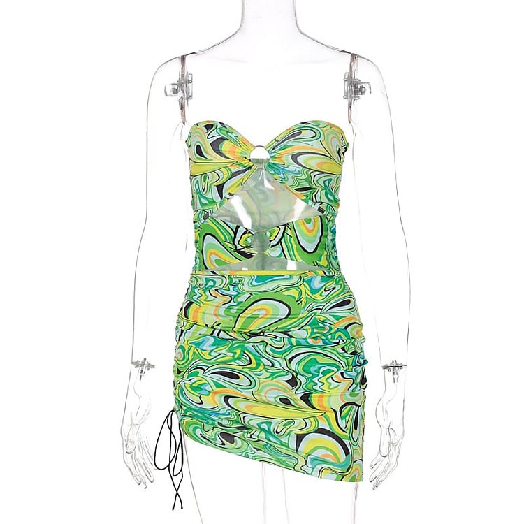 Hugcitar 2021 Print Sleeveless Bodycon Strapless Hollow Out Sexy Mini Dress Summer Women Fashion Streetwear Outfits Y2K Kpytomoa