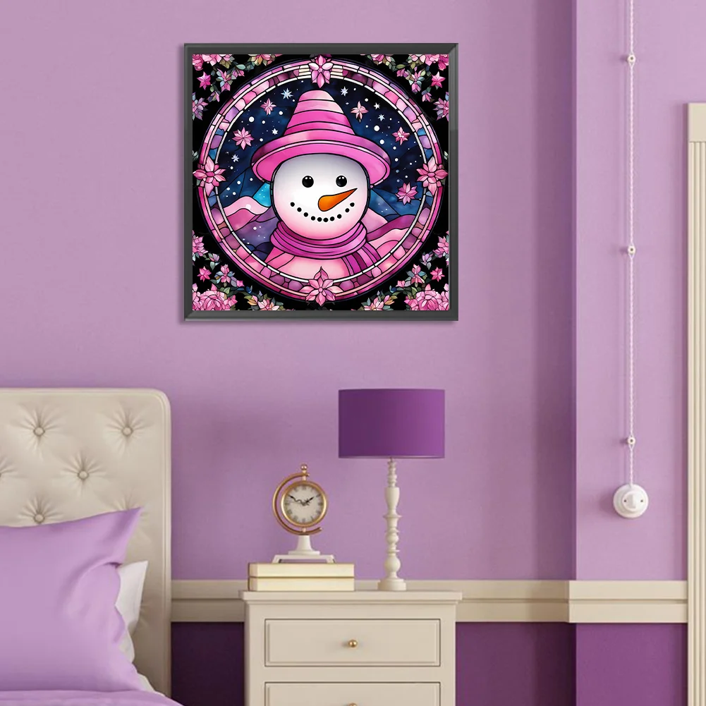 Full Round Diamond Painting 30*30cm - Pink Snowman Glass Painting