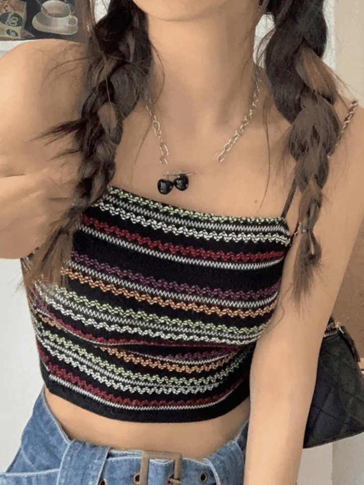 Brownm Color Block Striped Knitted Crop Cami Top