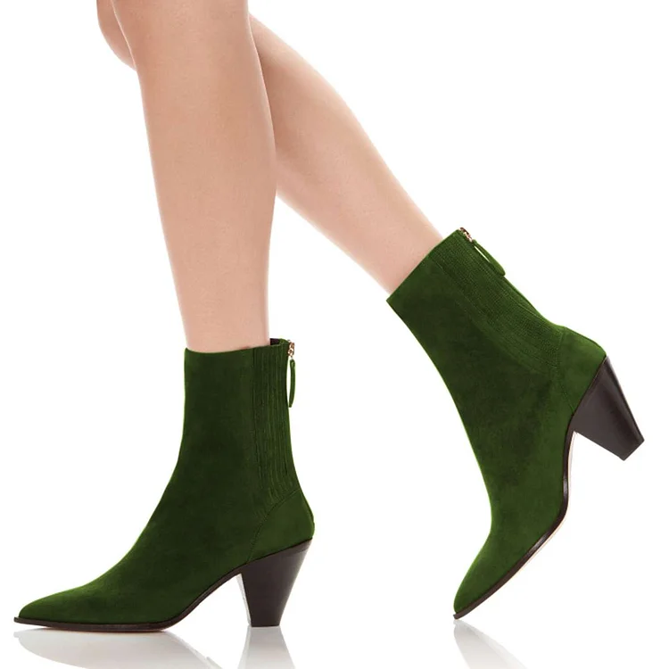 Army Green Block Heel Suede Ankle Booties by VDCOO Vdcoo