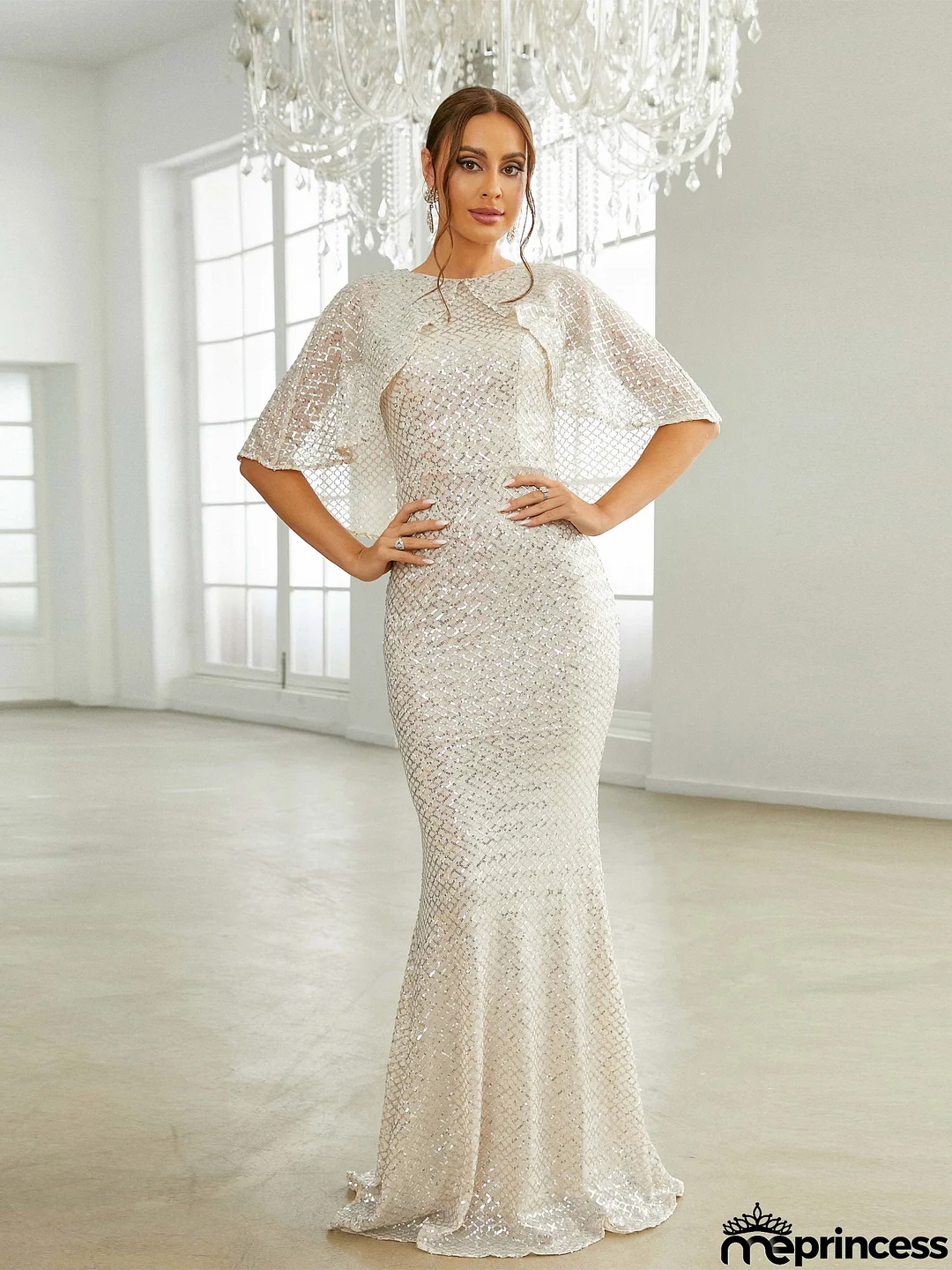 Formal Crew Neck Apricot Sequin Mermaid Evening Dress RH30584