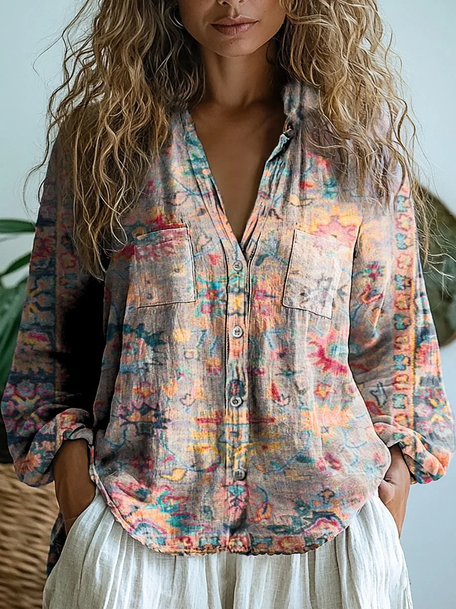 Women's Retro Floral Print Casual Long Sleeve Comfortable Cotton Shirt