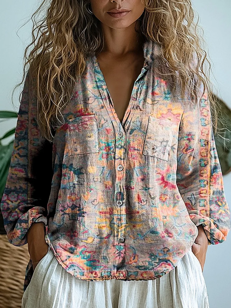 Women's Retro Floral Print Casual Long Sleeve Comfortable Cotton Shirt