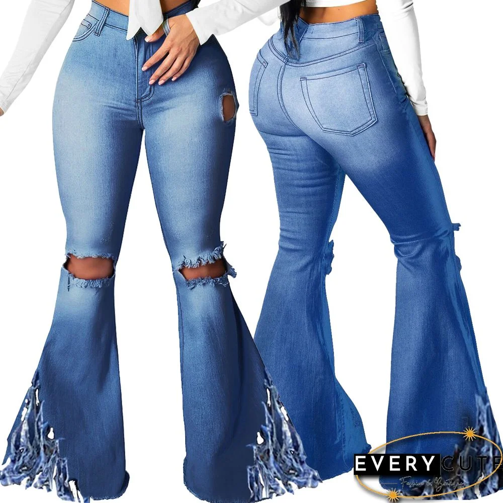 Plus Size Sexy Tassels High Elastic Denim Flared Ripped Jeans