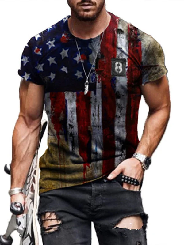 Stars and Stripes Printed Round Neck Loose T-shirt