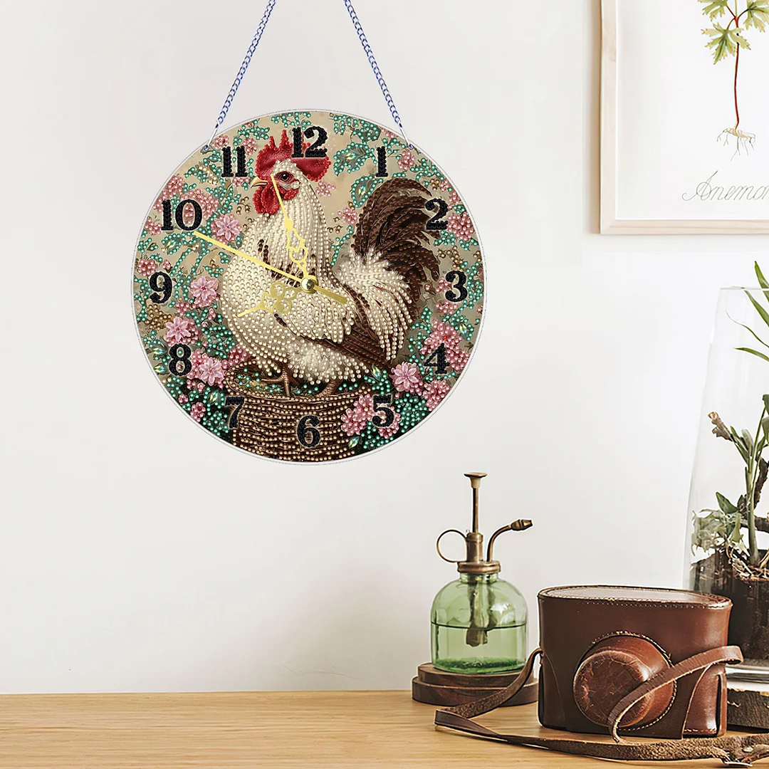 Rooster 2D Flat DIY Acrylic Diamonds Painting Clocks for Living Room Decoration