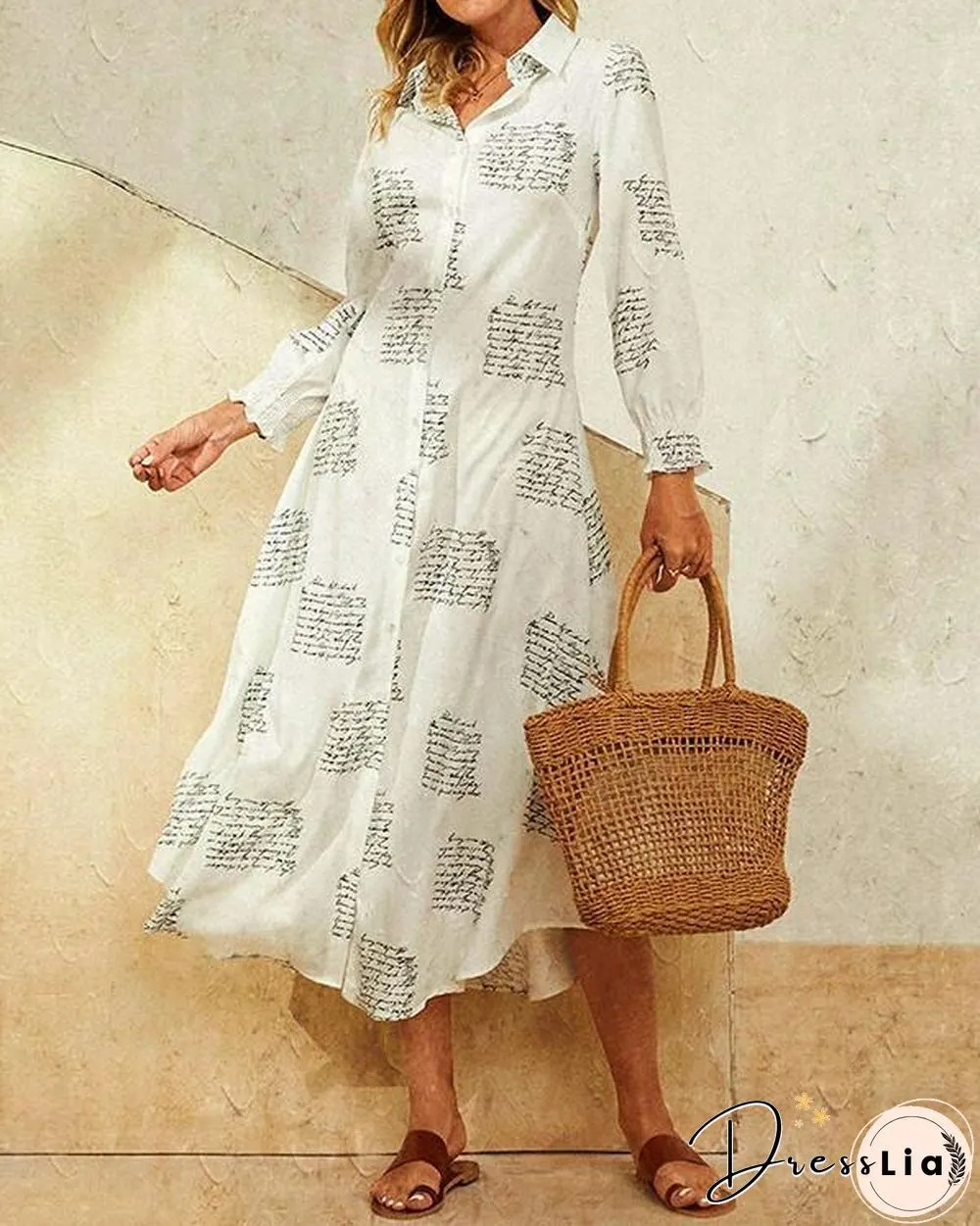 Leaves Print Lapel Button Long Sleeve Maxi Shirt Dress
