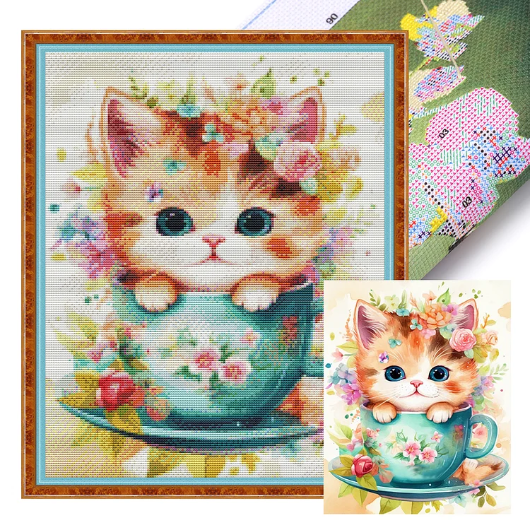 【Huacan Brand】Teacup Cat 11CT Stamped Cross Stitch 40*50CM