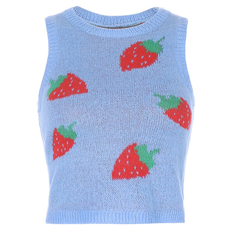 Strawberry Sweaters Y2K Crop Top Sleeveless O Neck Tank Top