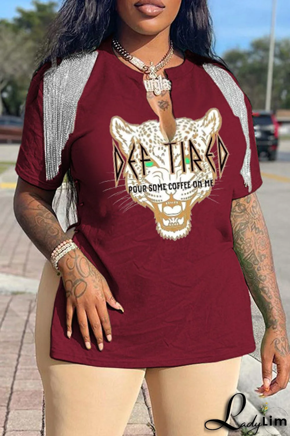 Coffee Fashion Casual Print Tassel Patchwork V Neck T-Shirts