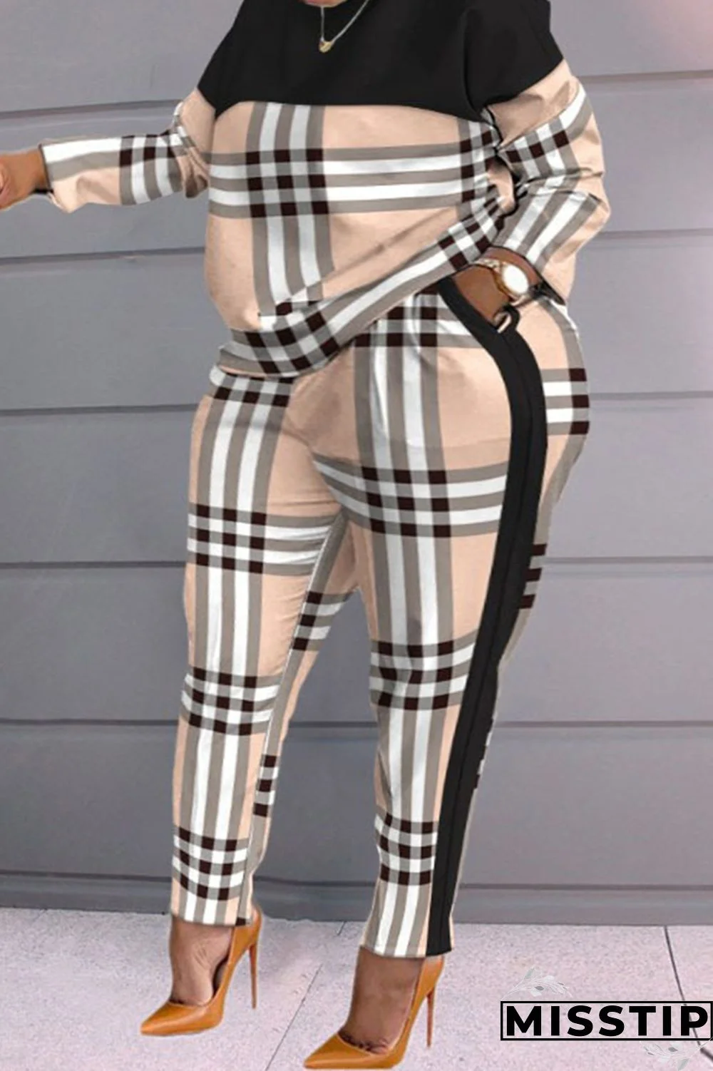 Blue Casual Print Patchwork O Neck Plus Size Two Pieces