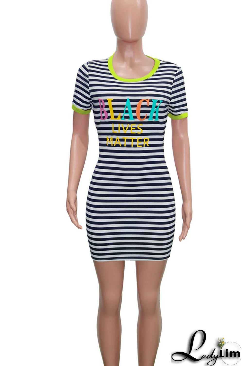 Fluorescent Yellow Casual Striped Print Patchwork O Neck Straight Dresses