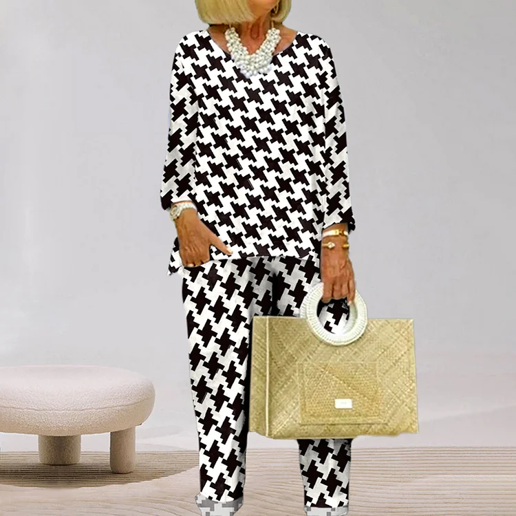 Houndstooth Print Crew Neck Two Piece Set