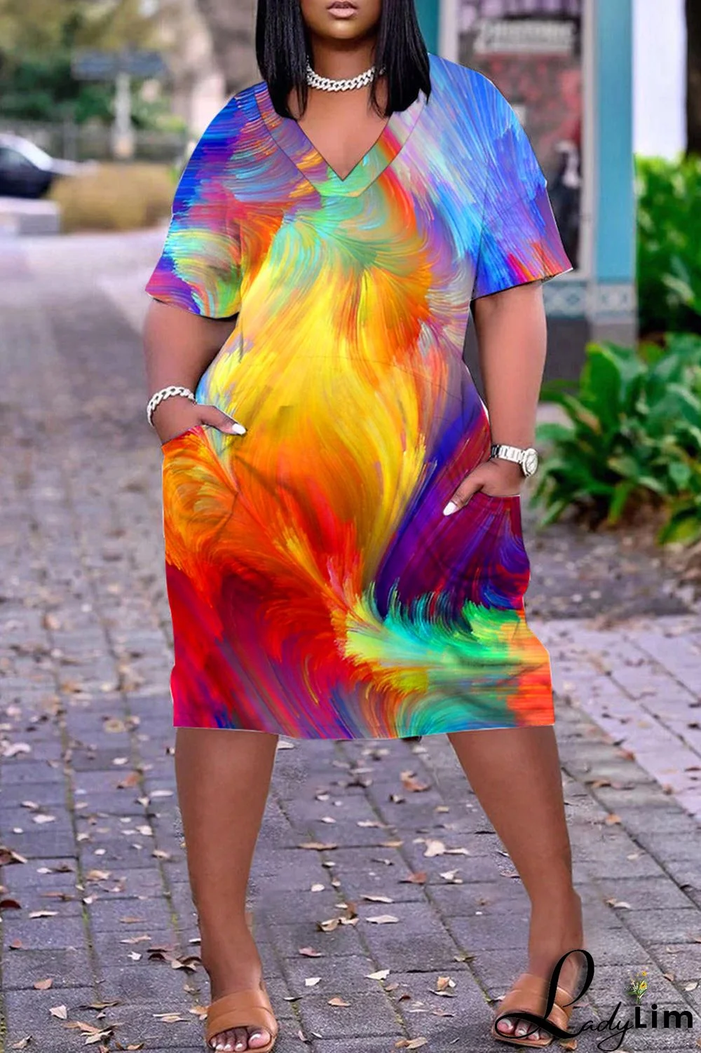 Orange Green Casual Print Patchwork V Neck Short Sleeve Dress