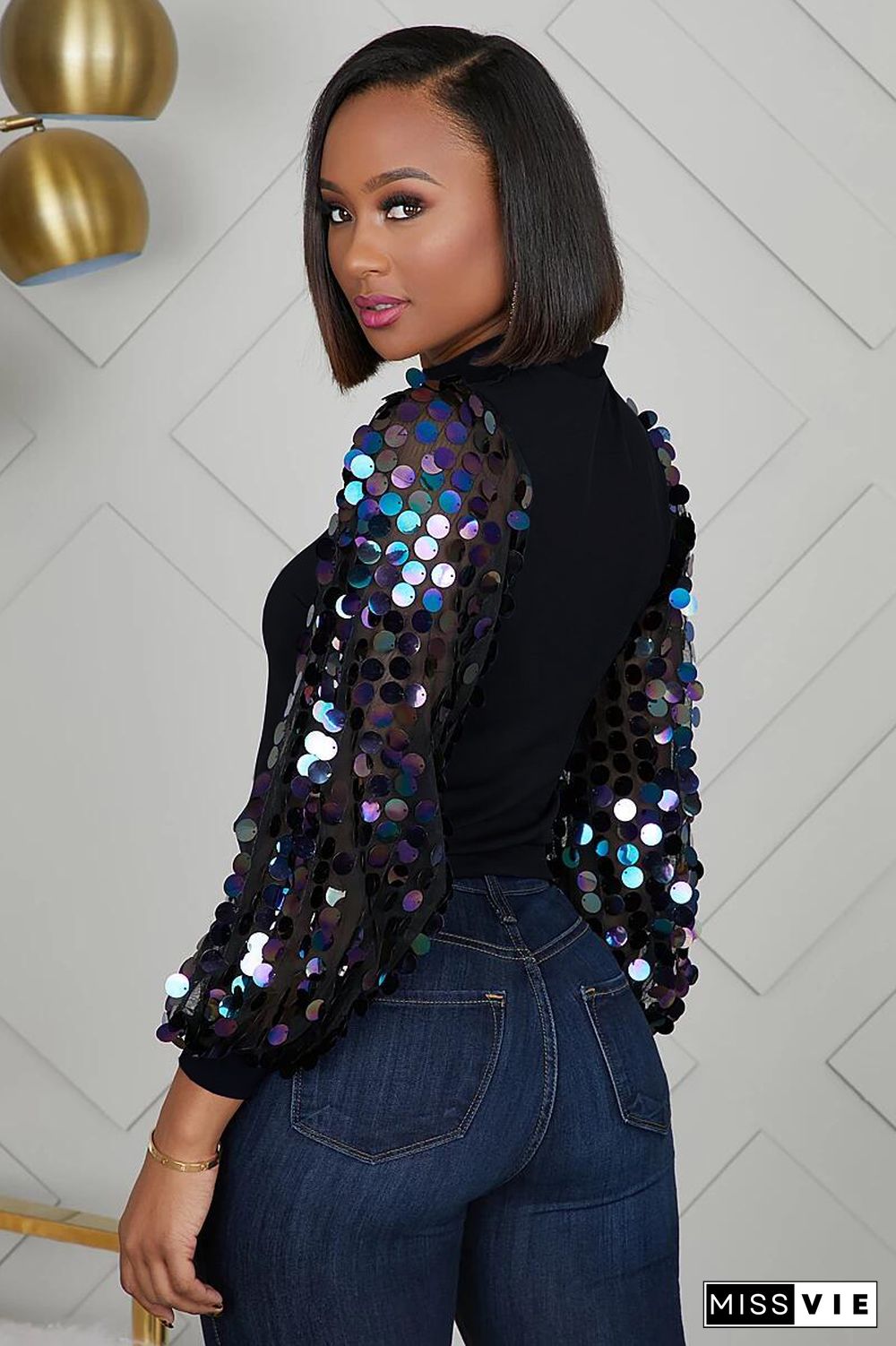 Sequin Patchwork Long Sleeve Blouses Shirts