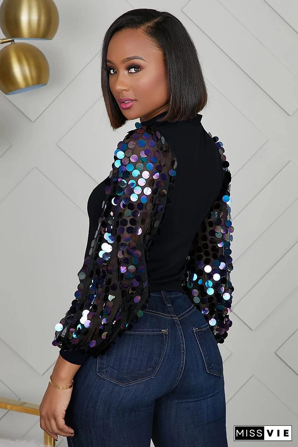 Sequin Patchwork Long Sleeve Blouses Shirts