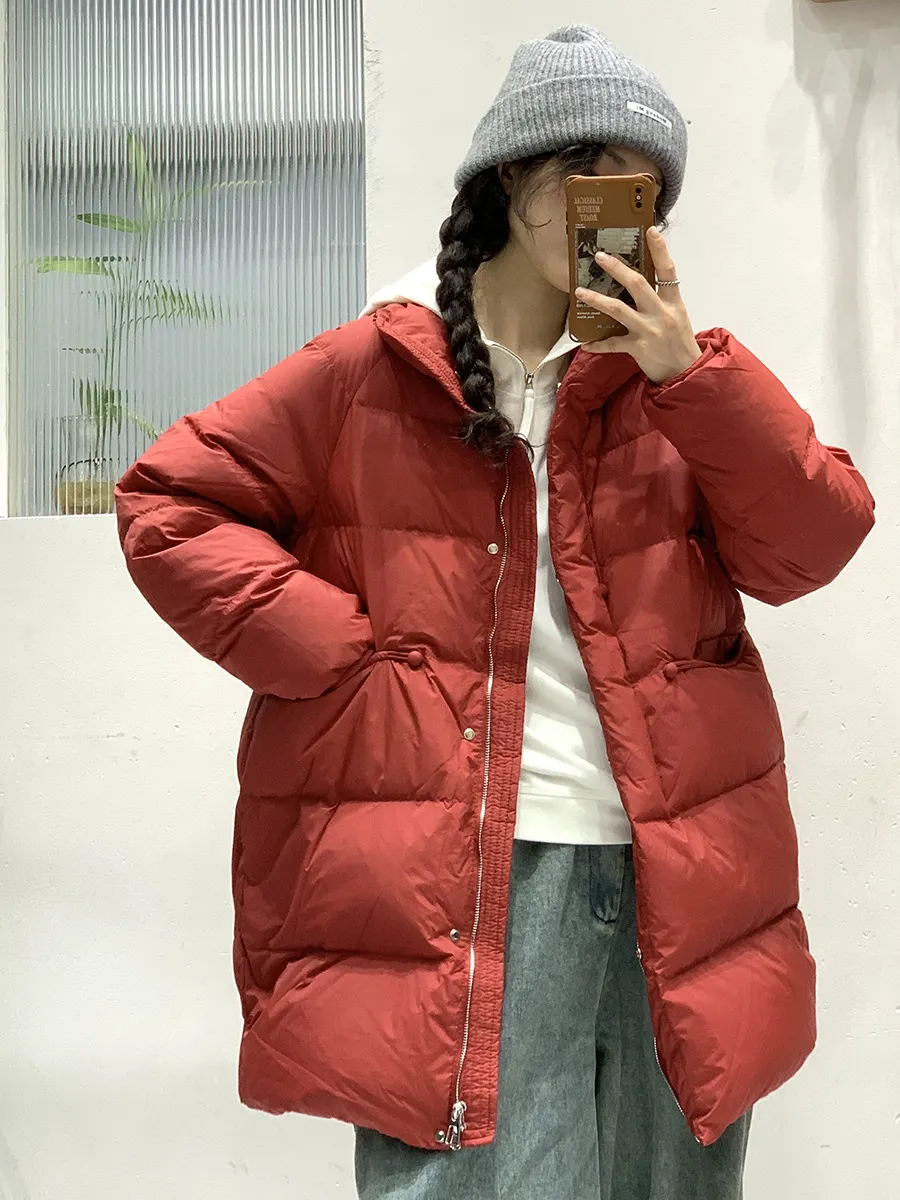 Uveng Pinghu Down Jacket Female 2024 Winter New Thickened Stand Collar Long Button Warm White Duck Down Coat Tide