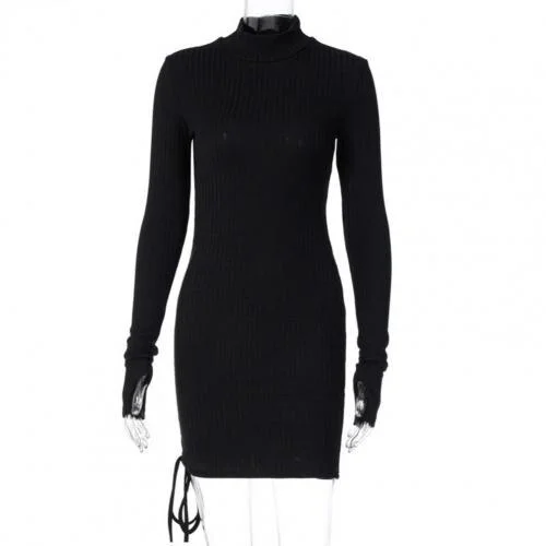 Sweater Dress Ribbing Turtleneck Autumn Winter Long Sleeve Drawstring Ruched Bandage Dress Streetwear