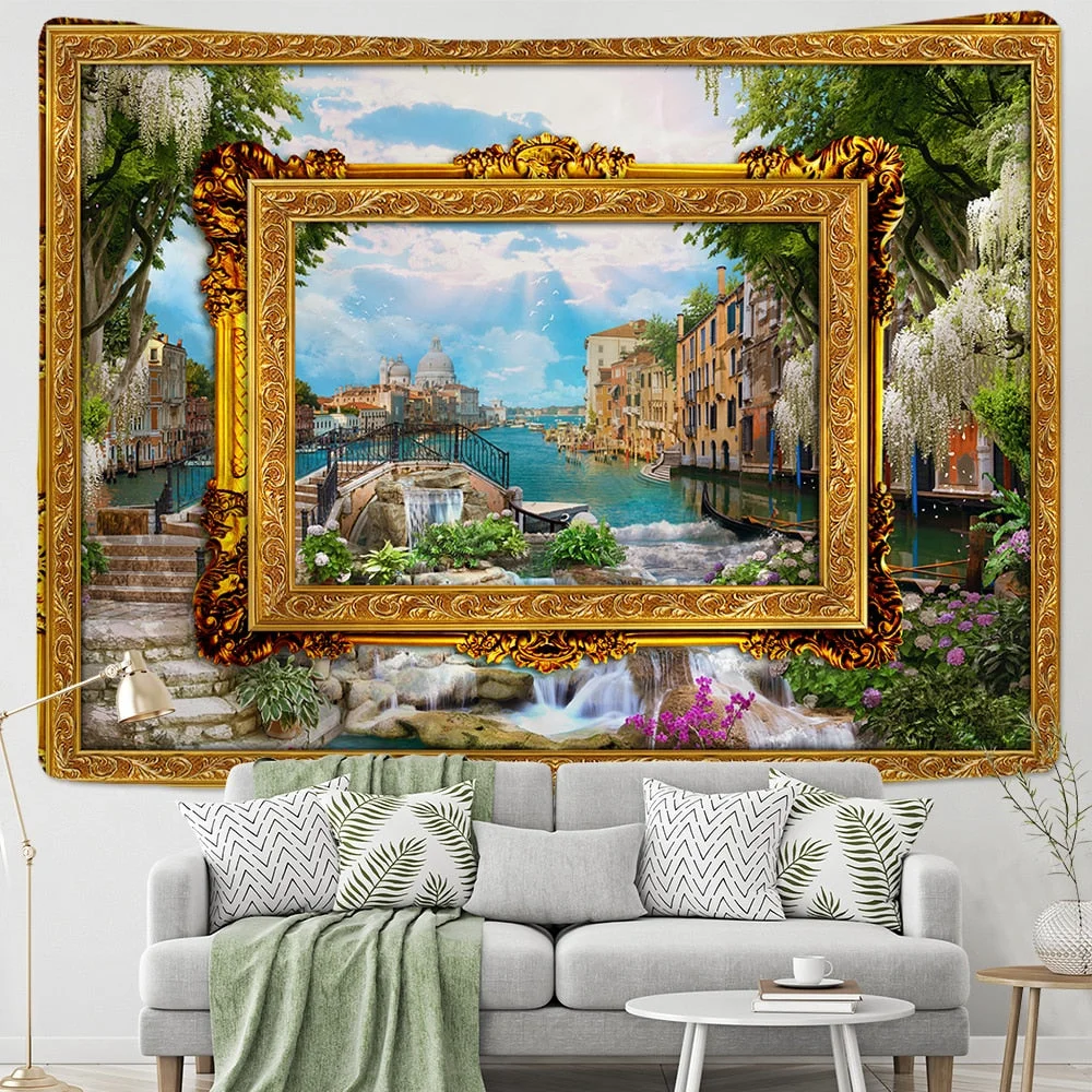 Fake Frame Tapestry Wall Hanging River Sky Clouds Bohemian Dorm Decor Yoga Mat Rug Architectural Attraction Venice