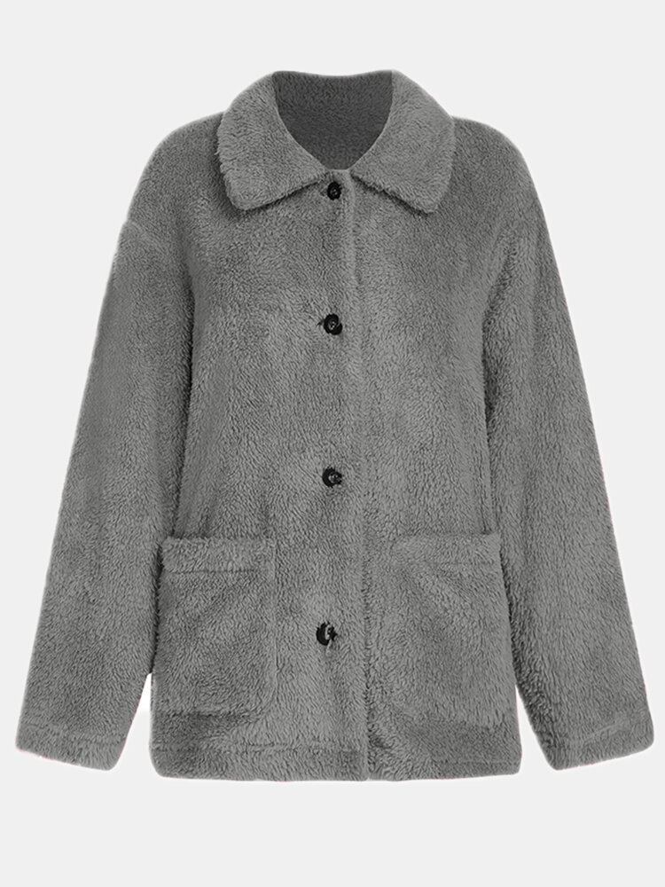 Solid Color Plush Button Pocket Long Sleeve Casual Coat for Women - Shop Trendy Women's Clothing | LoverChic