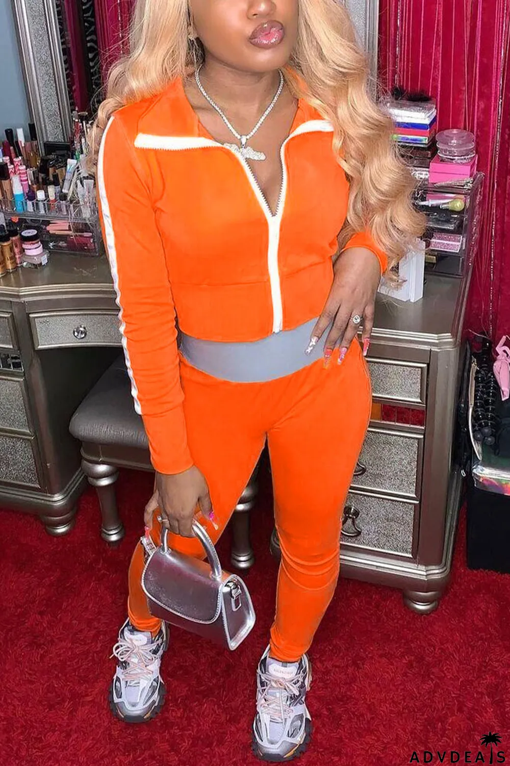 Orange Sportswear Solid Patchwork Turndown Collar Long Sleeve Two Pieces