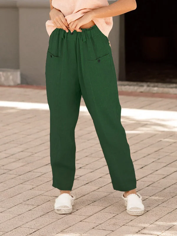 Women's Button Cotton Linen Elastic Waist Loose Casual Pants Homewear