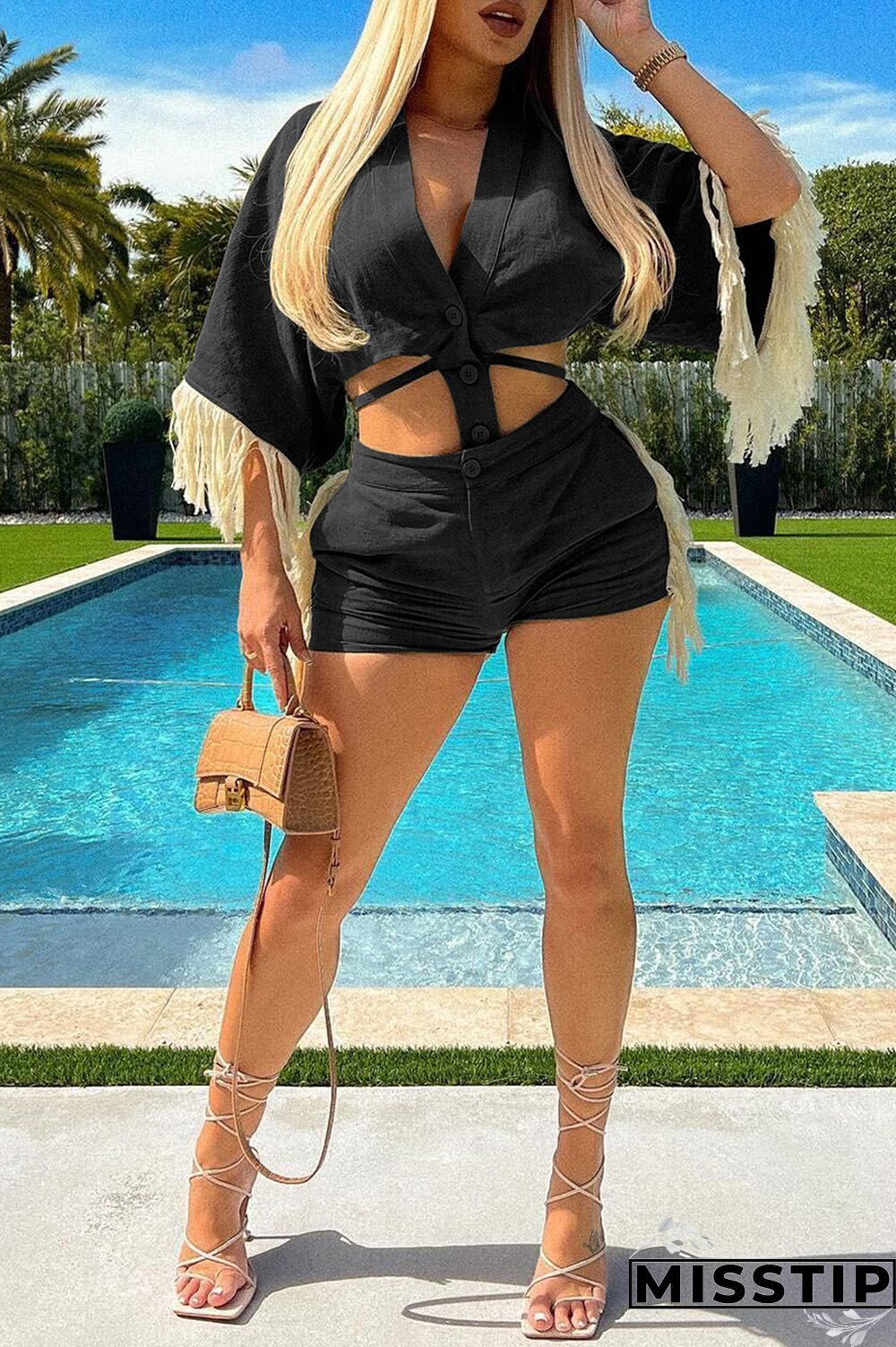 Ink Green Casual Solid Tassel Patchwork V Neck Half Sleeve Two Pieces