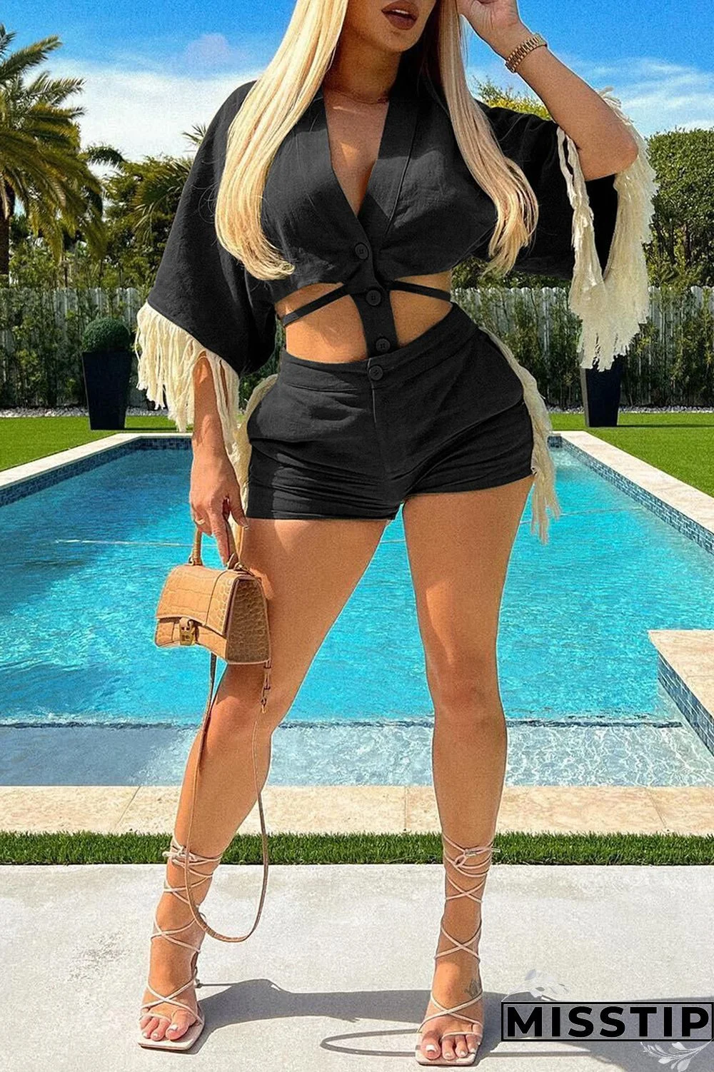 Ink Green Casual Solid Tassel Patchwork V Neck Half Sleeve Two Pieces