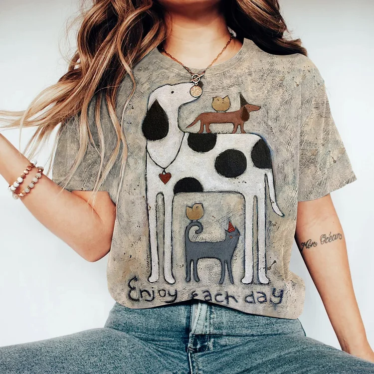 Women's Enjoy Each Day Bird Dog Cat Print T-Shirt