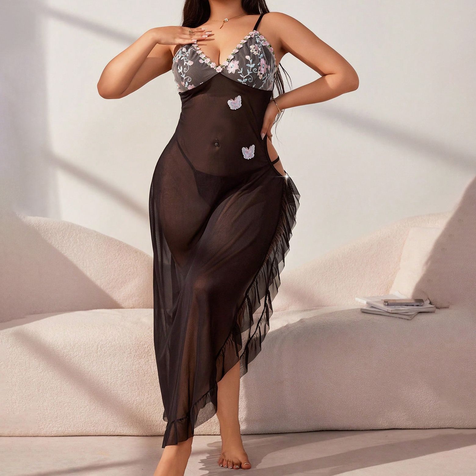 Lovingerie - Large Size Split-slit Suspender Dress Sexy Semi-see-through Pajamas  Long Lace Dress Set