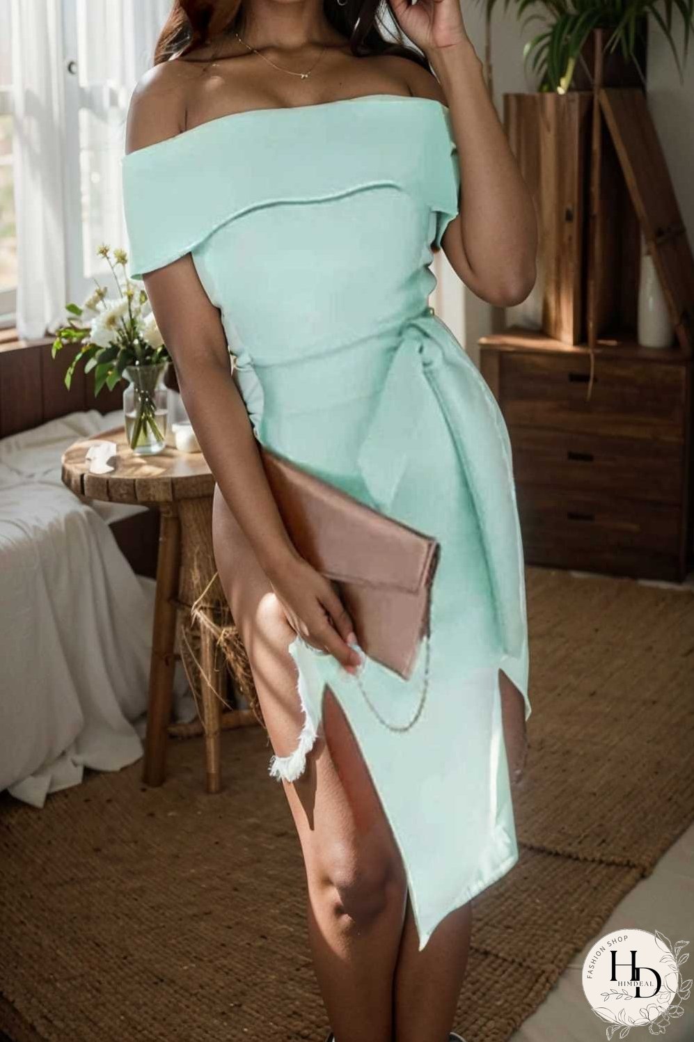 elegant off shoulder midi party dress for women