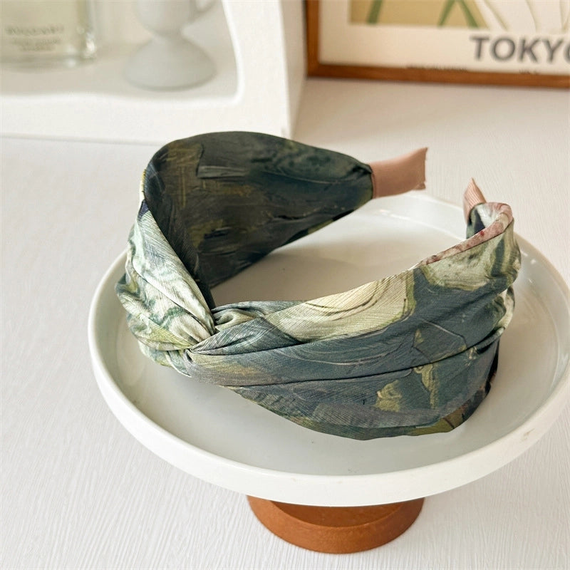 Monet Oil Painting Satin Headband Niche Retro Cross High Skull Top Wide Version Gradient Color Blooming Headband Hairpin For Hair Washing