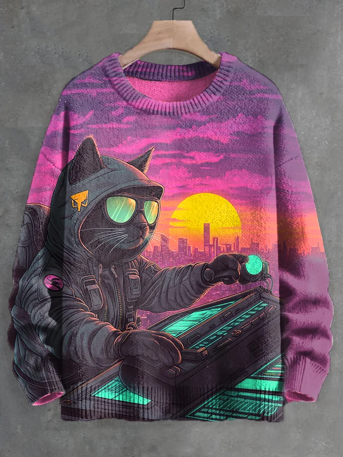 Men's Cyber Cat Killer Art Print Knit Sweatshirt