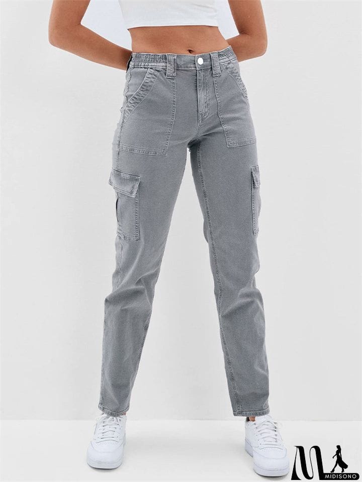 MidiSono - Women's Casual Washed Effect Multi-Pockets Button Grey Cargo Pants